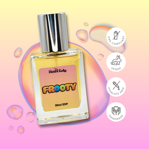 Frooty on a colorful background with tags stating it is IFRA compliant, vegan, handmade, and phthalate-free.