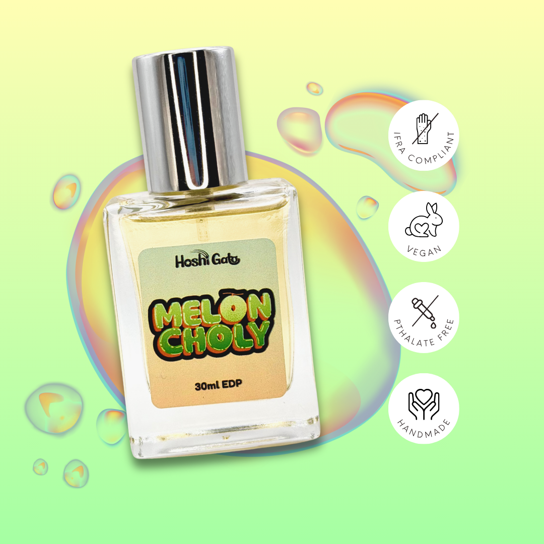Meloncholy on a colorful background with tags stating it is IFRA compliant, vegan, handmade, and phthalate-free.