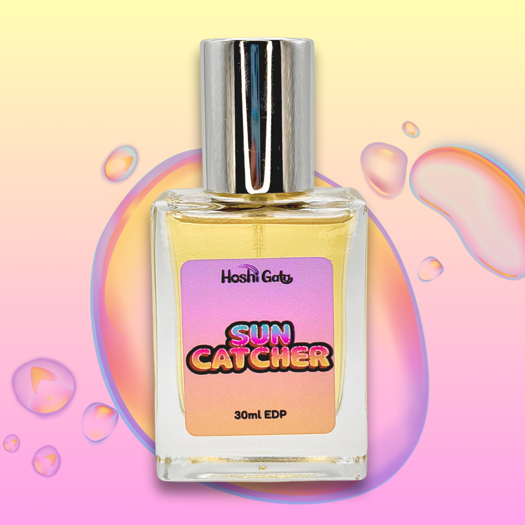 Perfume bottle labeled 'Sun Catcher' on a colorful background