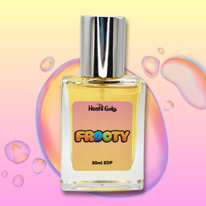 Perfume bottle labeled 'Frooty' with a colorful background