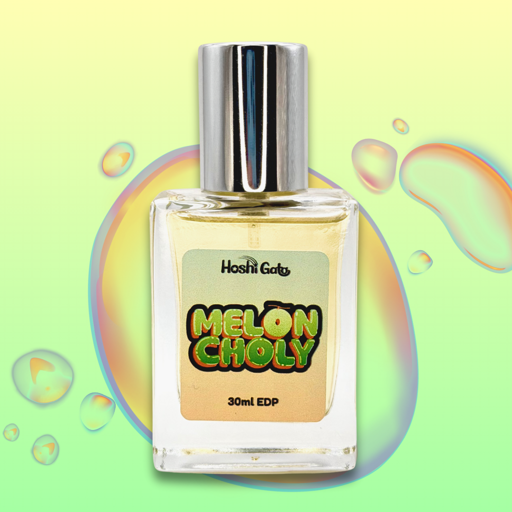 Perfume bottle labeled 'Melon Choly' with a colorful bubble background