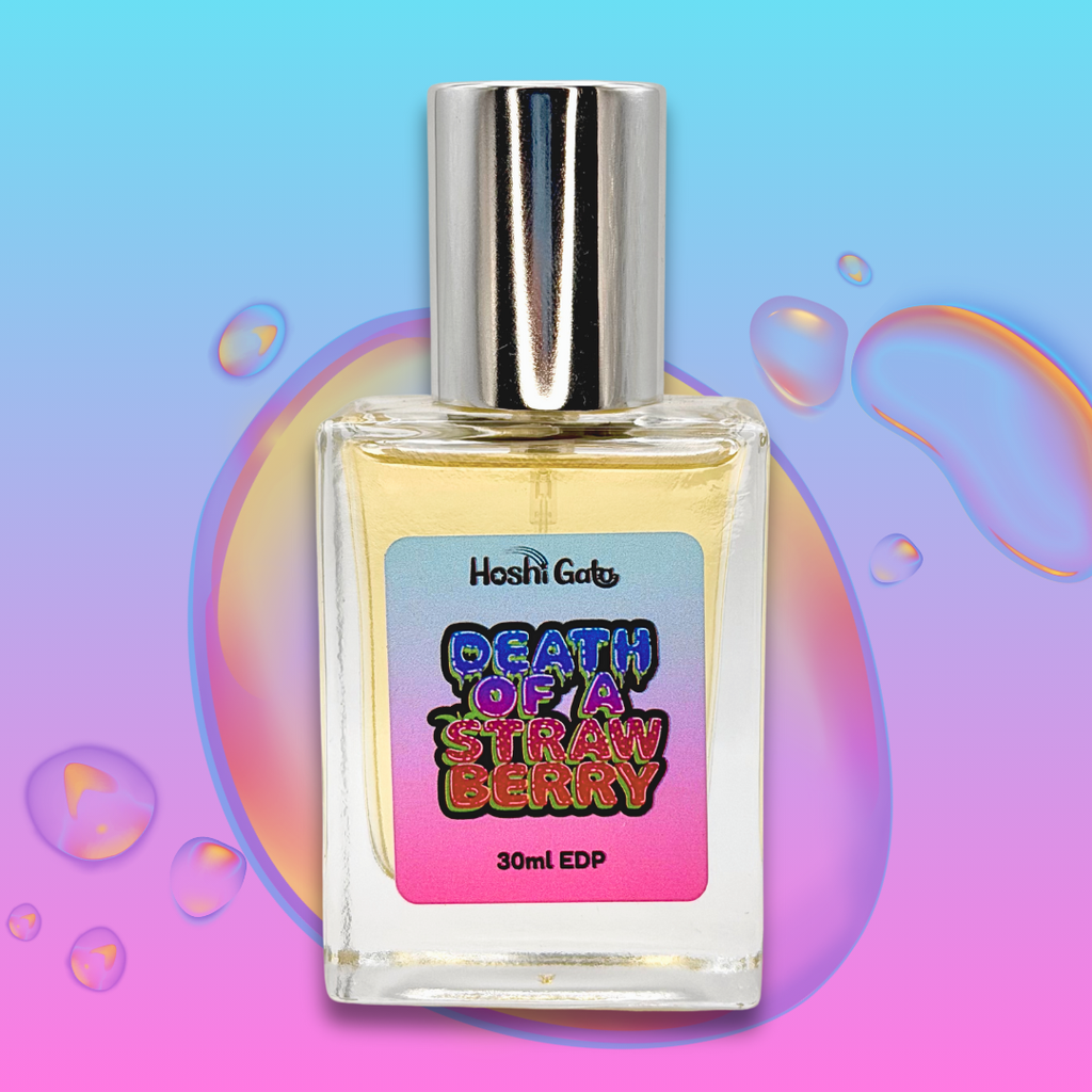 Perfume bottle with colorful label on a multicolored abstract background