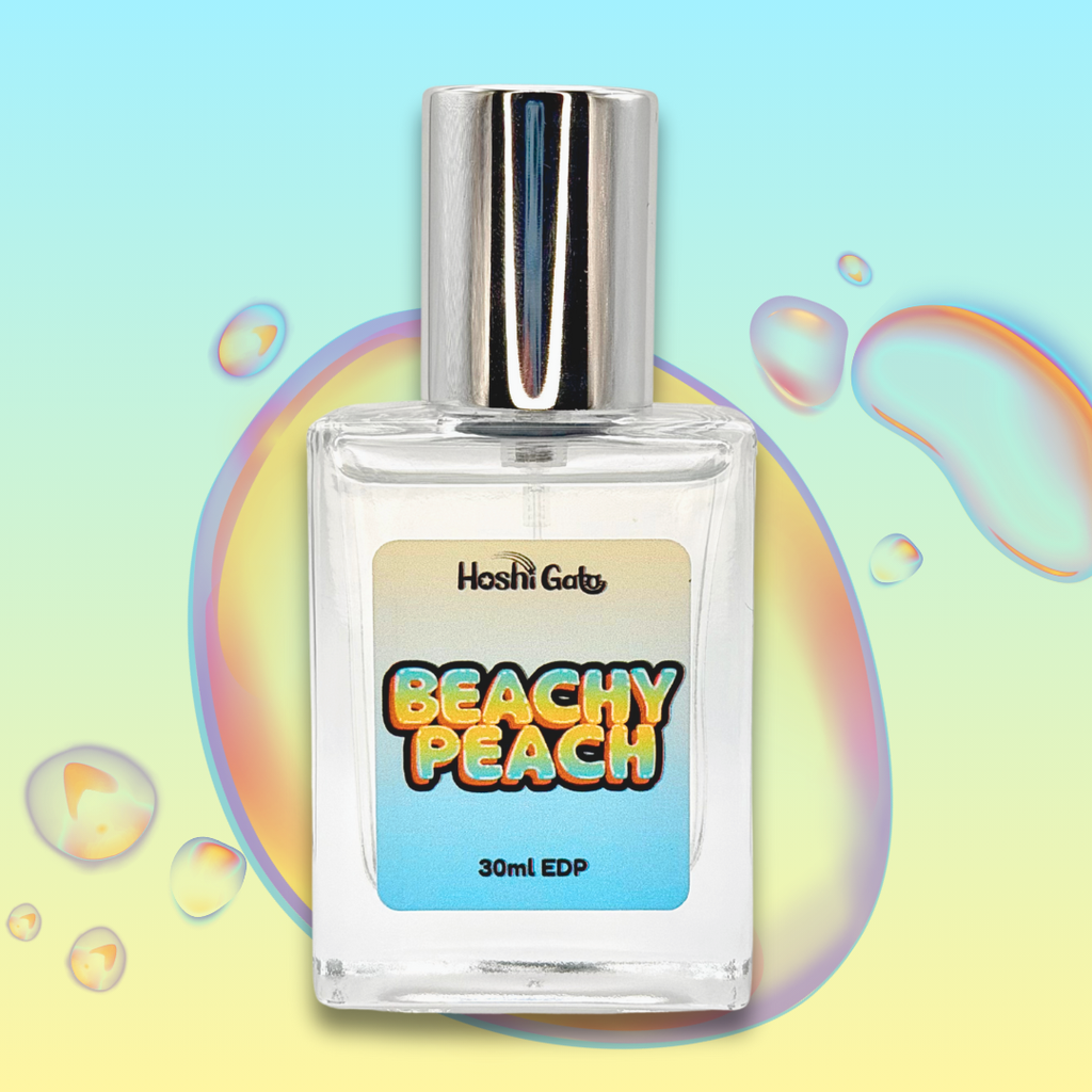 Perfume bottle labeled 'Beachy Peach' by Hoshi Gato on a colorful bubble background