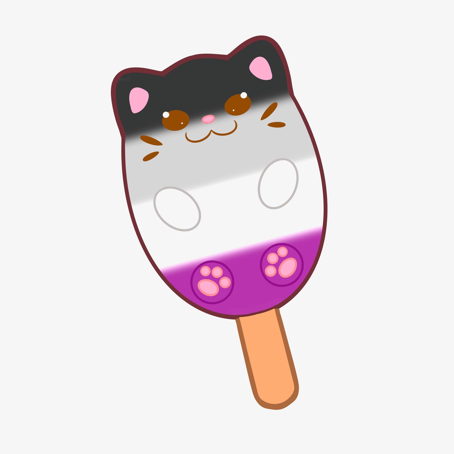 A popsicle shaped like a cat with the colors of the asexual pride flag.