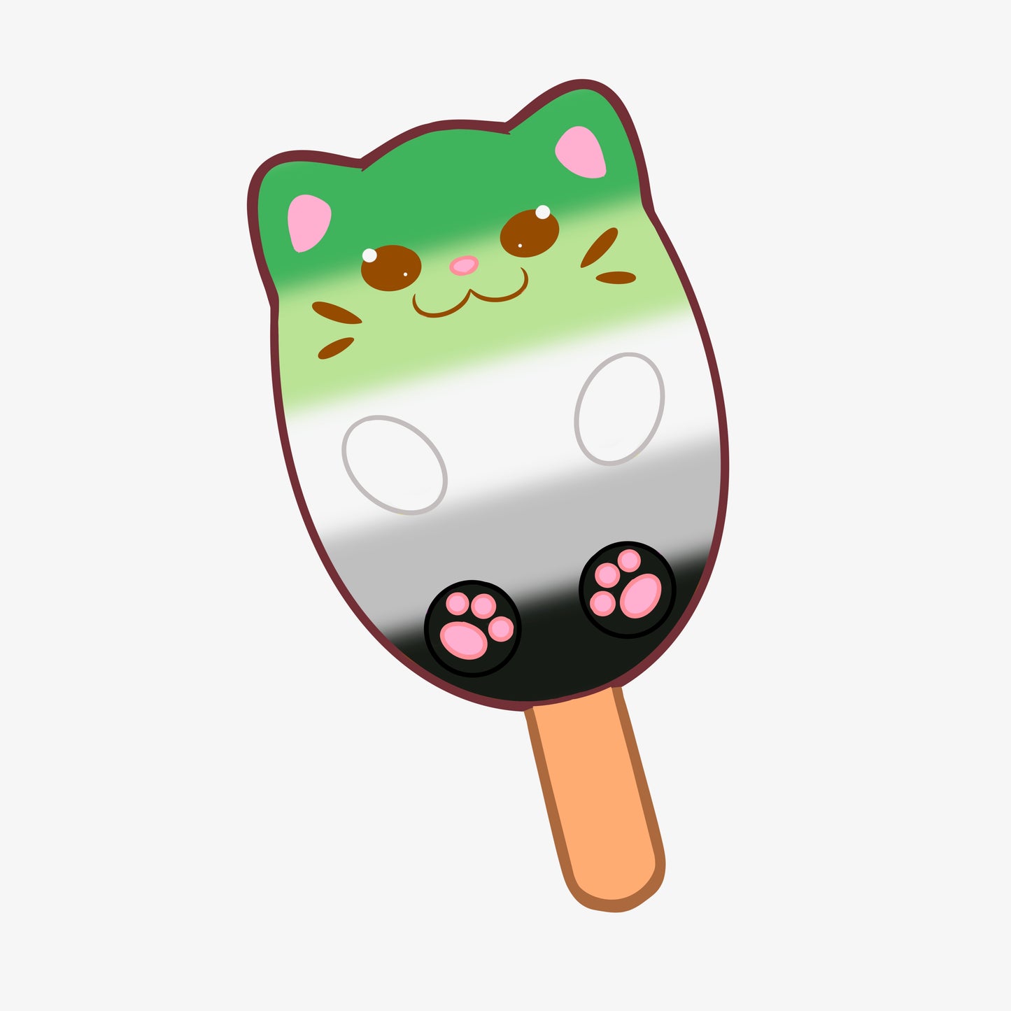 A popsicle shaped like a cat with the colors of the aromantic pride flag.