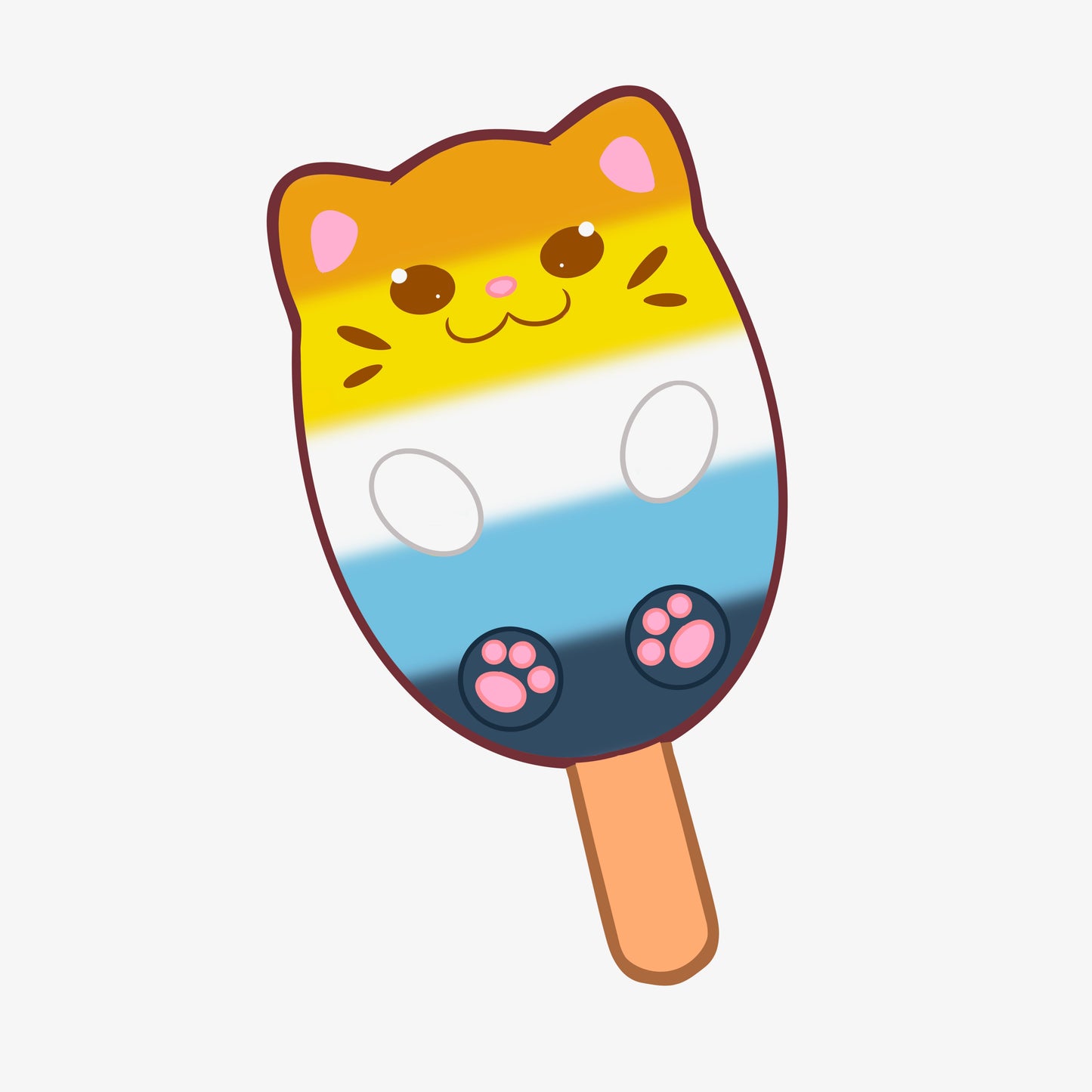 A popsicle shaped like a cat with the colors of the asexual/aromantic (aroace) pride flag.