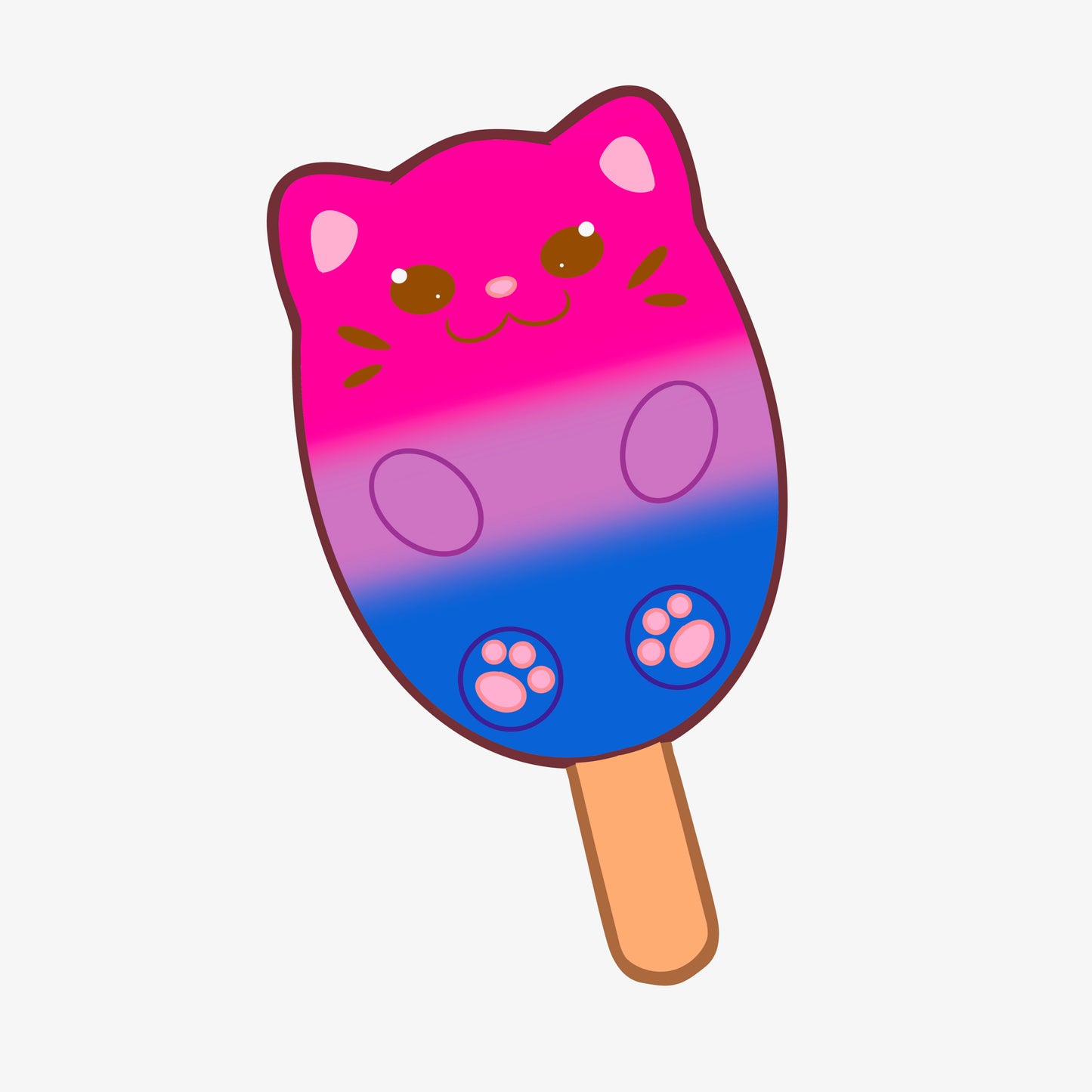 A popsicle shaped like a cat with the colors of the bisexual pride flag.