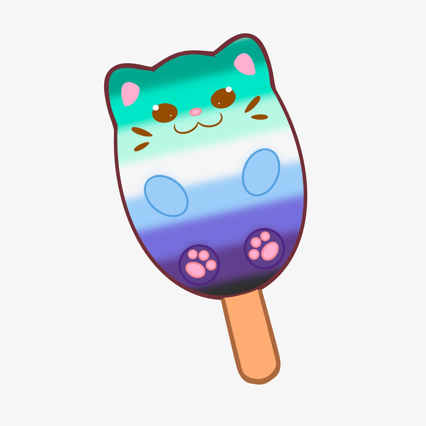 A popsicle shaped like a cat with the colors of the gay man pride flag.