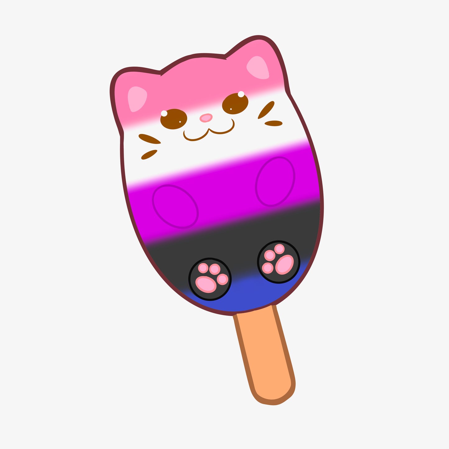 A popsicle shaped like a cat with the colors of the genderfluid pride flag.