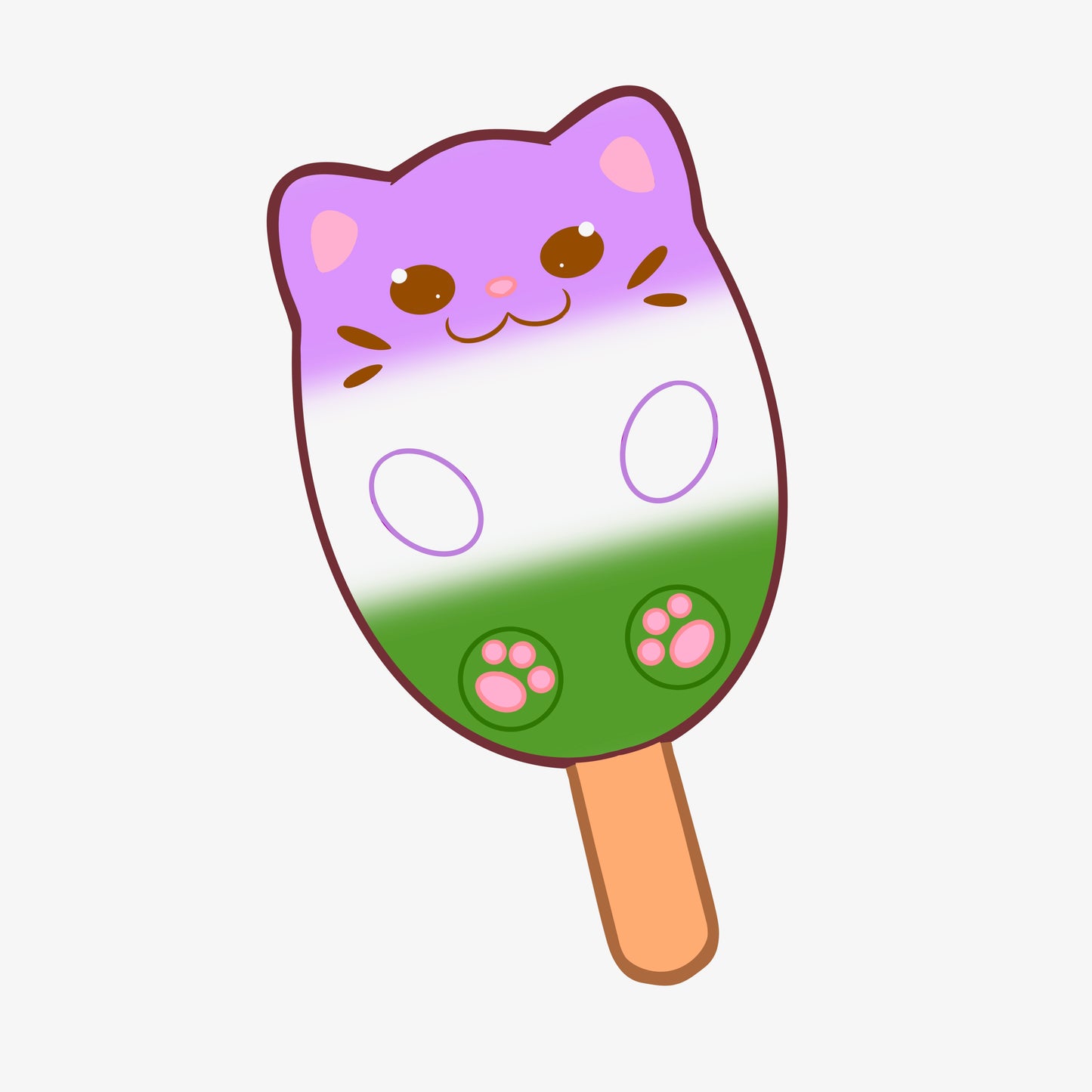 A popsicle shaped like a cat with the colors of the genderqueer pride flag.