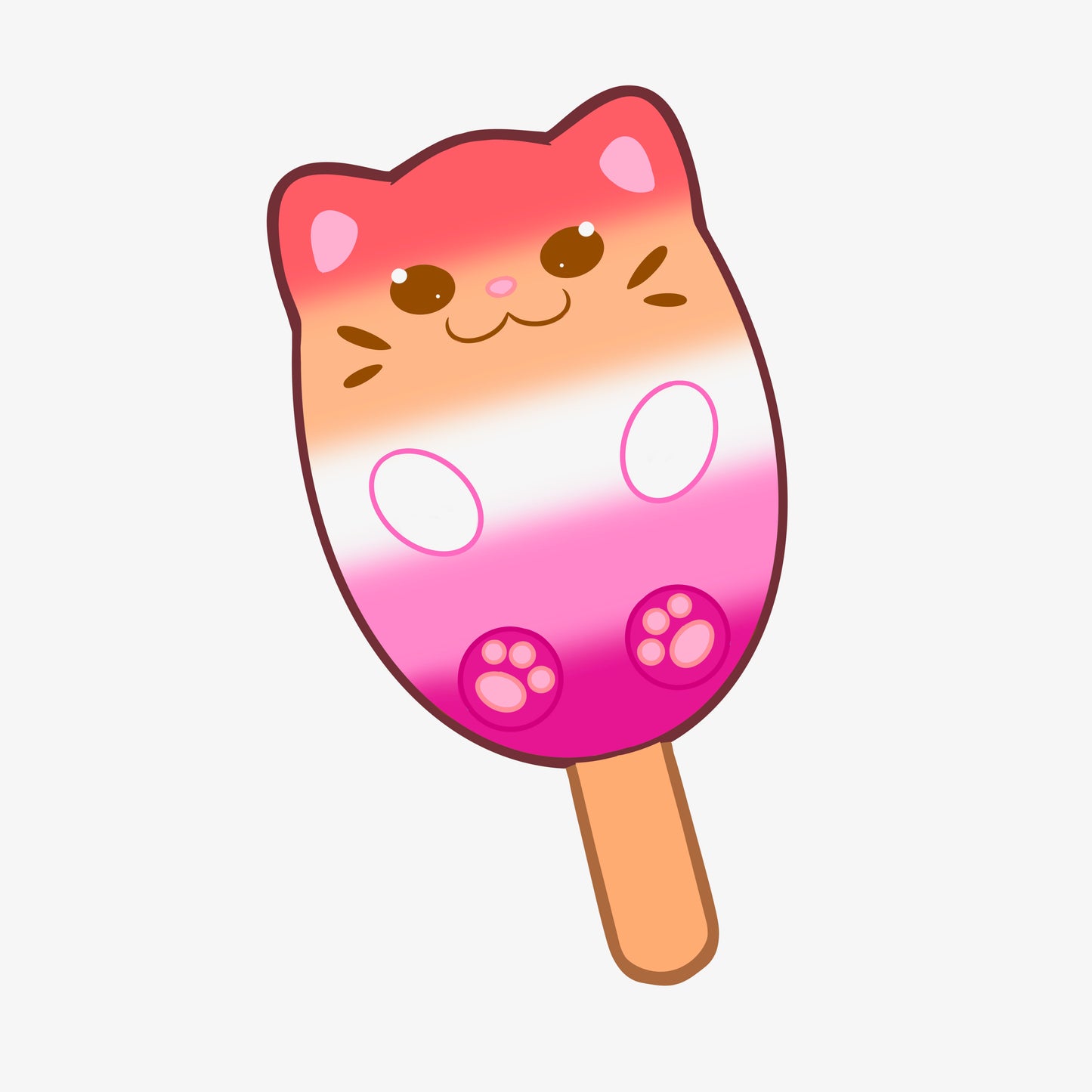 A popsicle shaped like a cat with the colors of the lesbian pride flag.