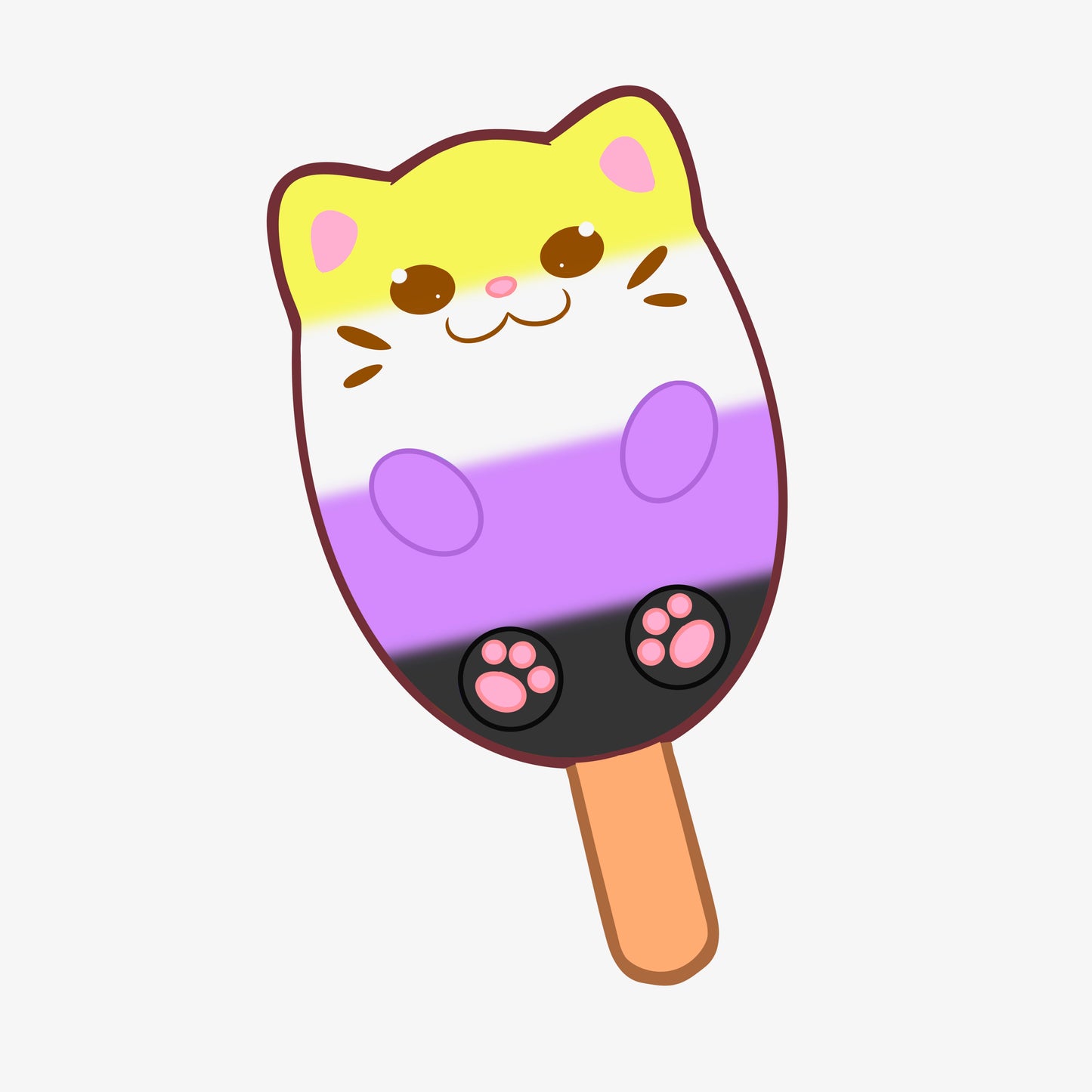 A popsicle shaped like a cat with the colors of the nonbinary pride flag.