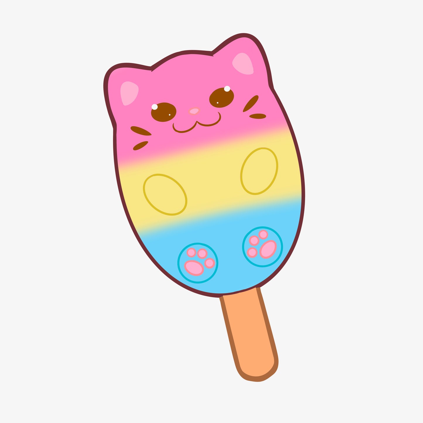 A popsicle shaped like a cat with the colors of the pansexual pride flag.