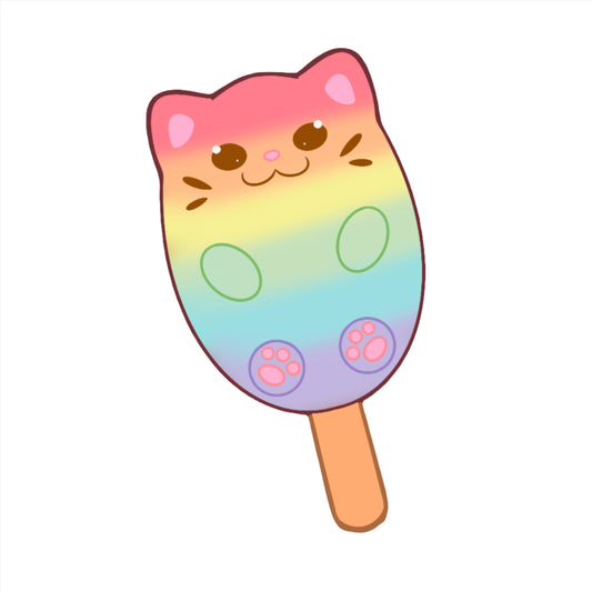 A popsicle shaped like a cat with the colors of the rainbow pride flag.