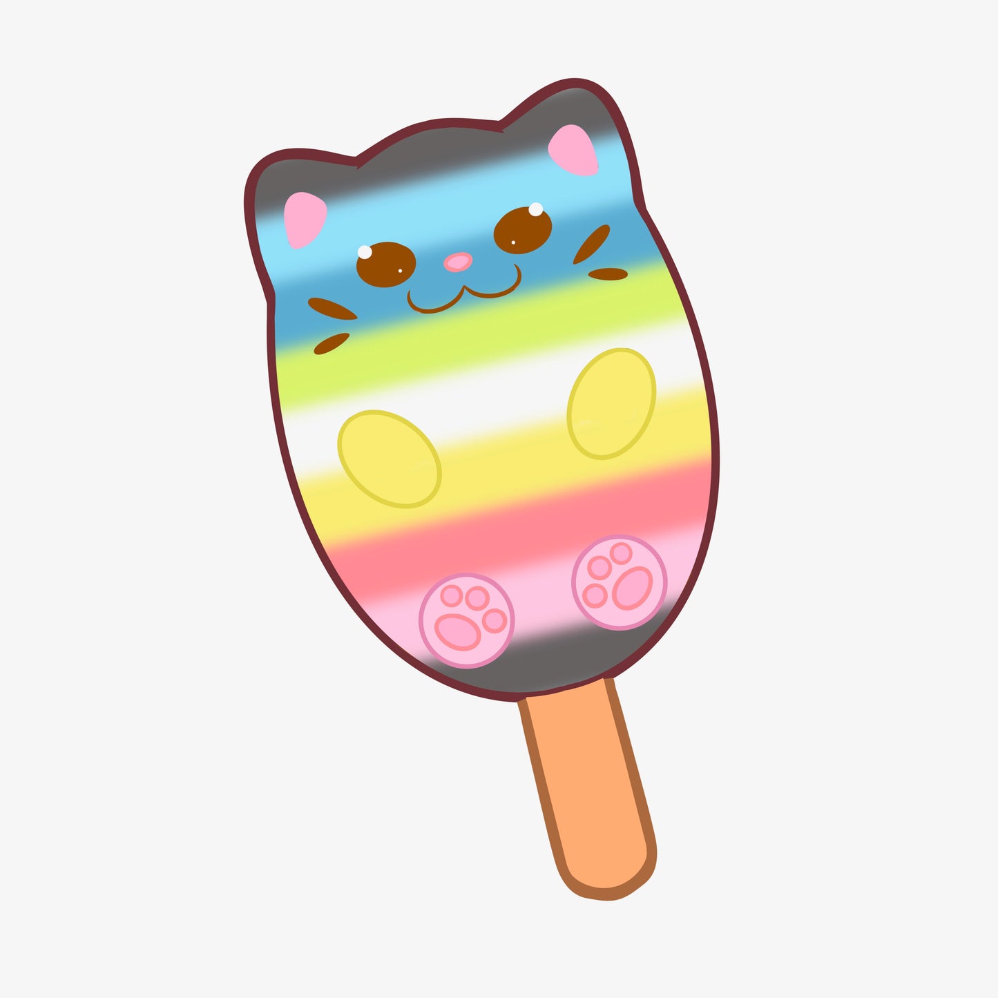 A popsicle shaped like a cat with the colors of the queer pride flag.