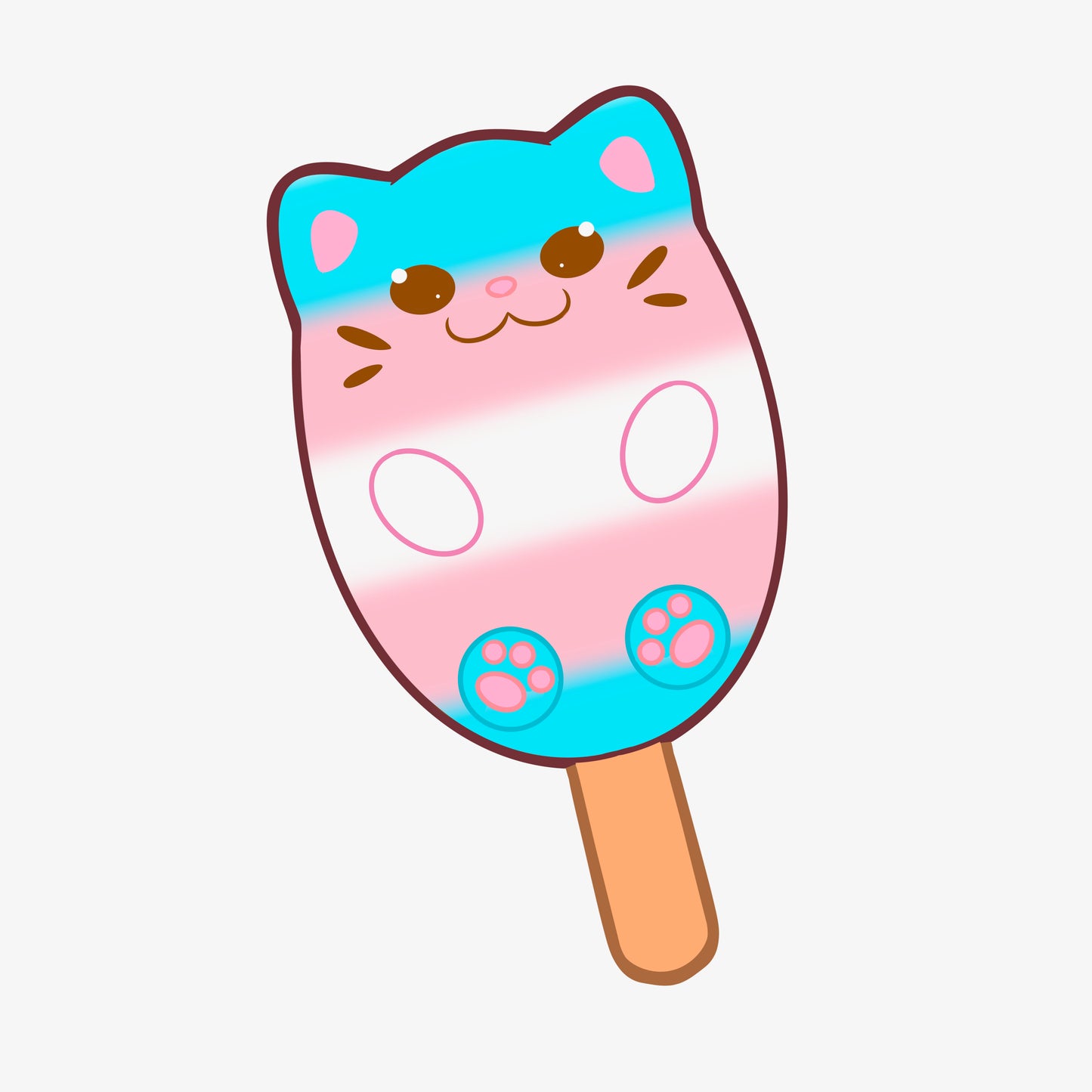 A popsicle shaped like a cat with the colors of the transgender pride flag.