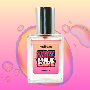 Perfume bottle labeled 'Strawberry Milk Cake' by Hoshi Gato on a colorful background with bubbles.