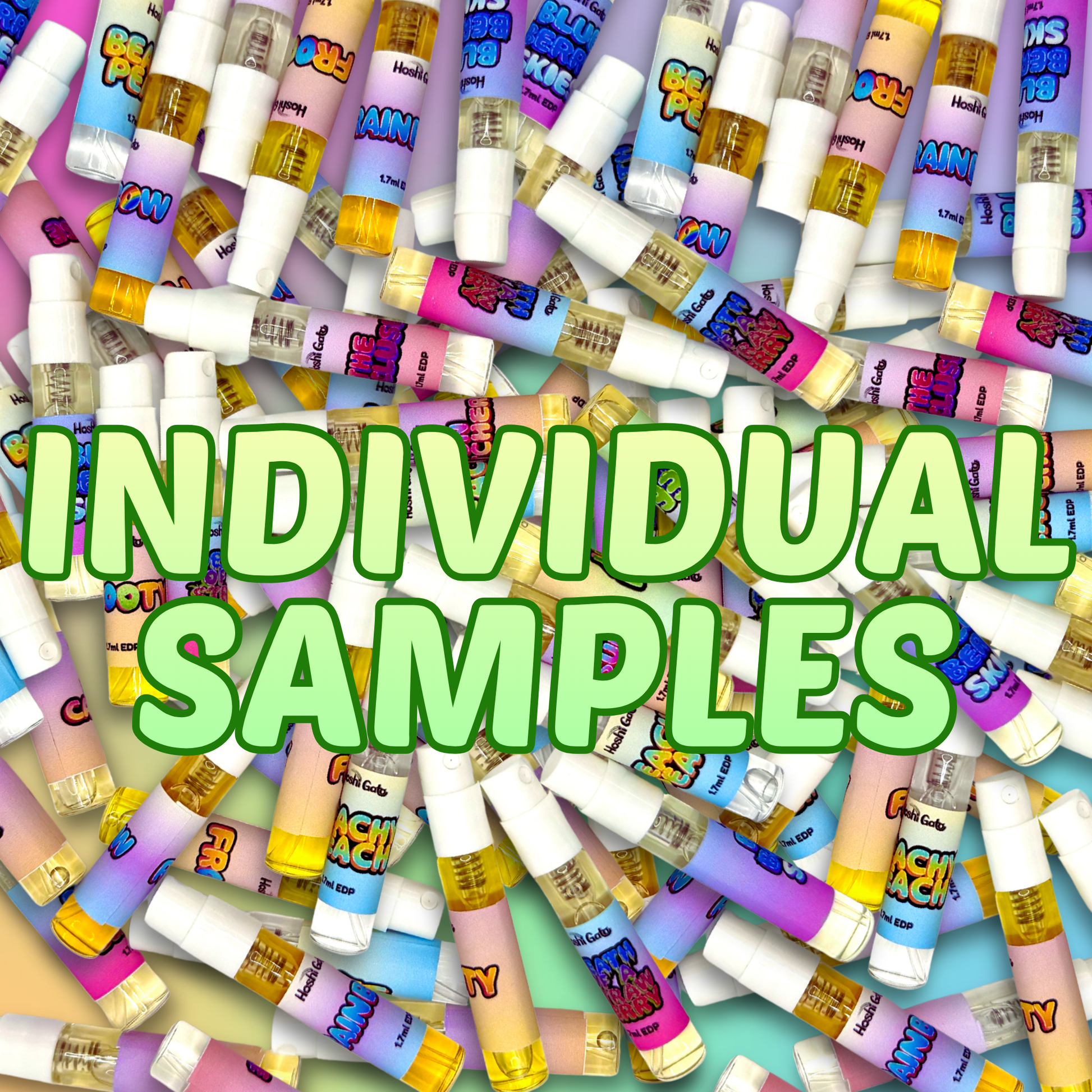 Colorful perfume samples with 'INDIVIDUAL SAMPLES' text overlay