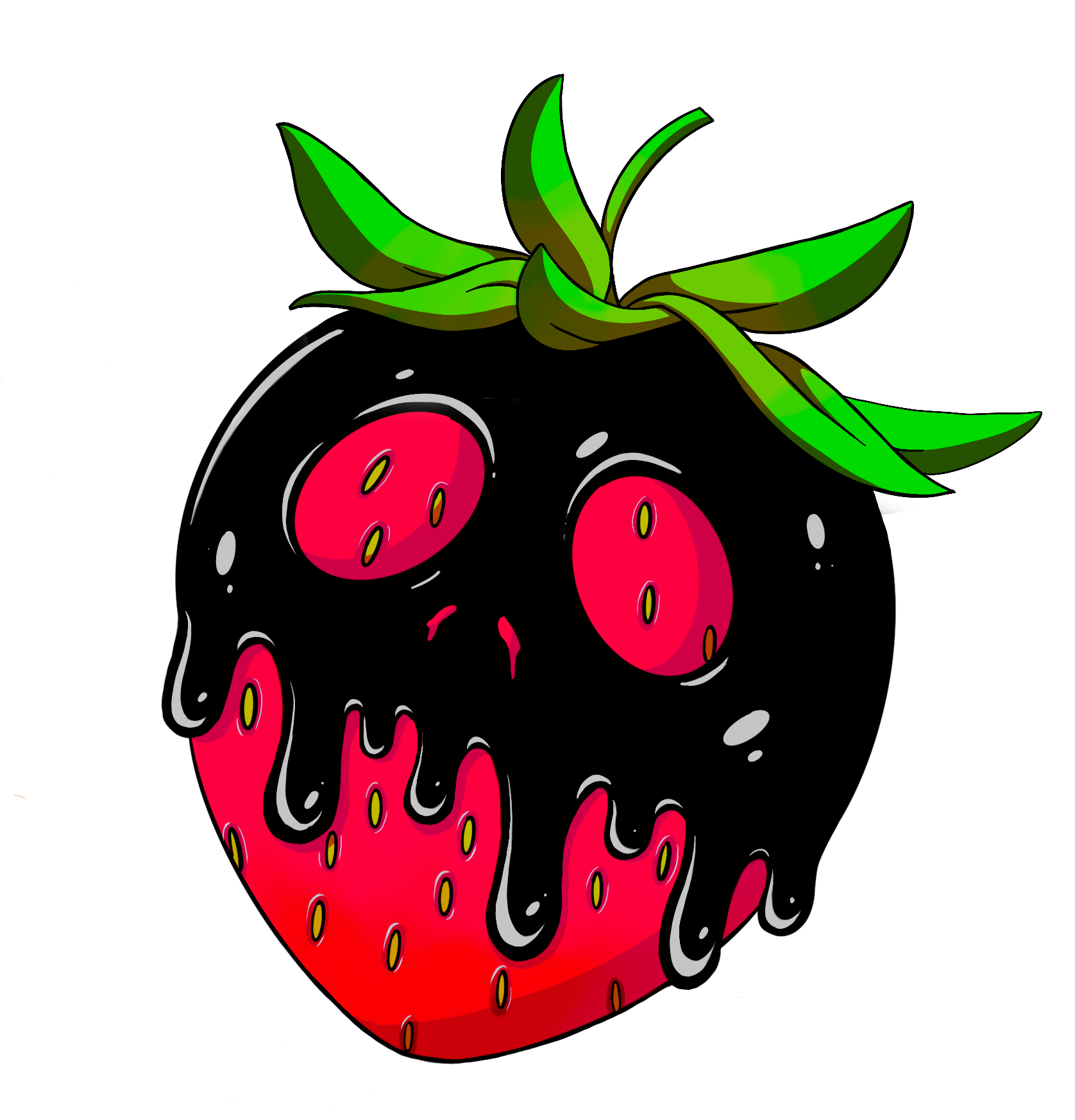 a strawberry with dripping black ooze on top in the shape of a skull.