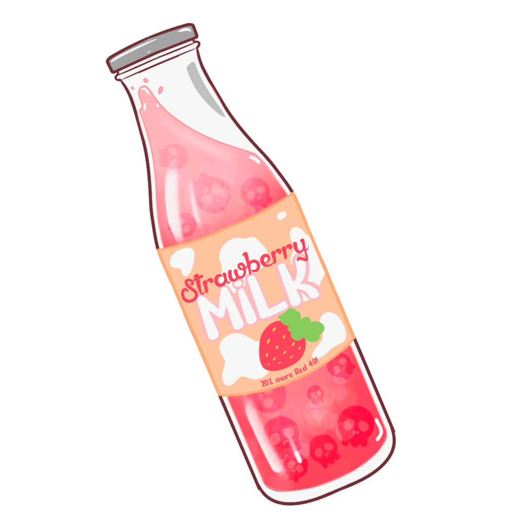 A glass bottle filled with pink liquid with little skulls . The label on the bottle reads " Strawberry milk, 20% more red 40!"