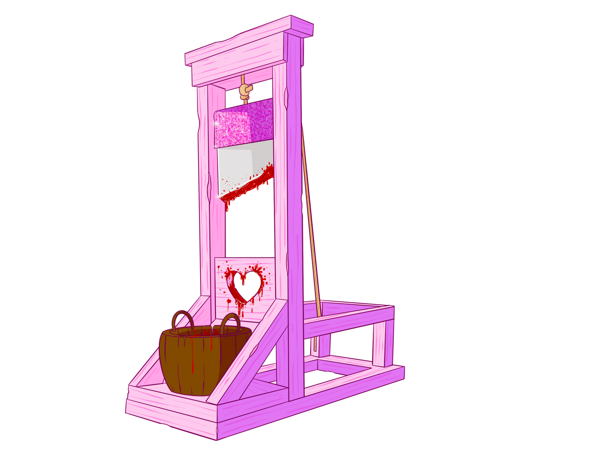 A pink guillotine with a heart shaped head hole and a glittering pink blade. blood is splattered on the head hole, the blade, and the head basket.