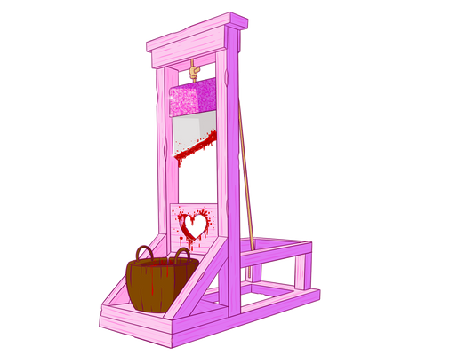 A pink guillotine with a heart shaped head hole and a glittering pink blade. blood is splattered on the head hole, the blade, and the head basket.