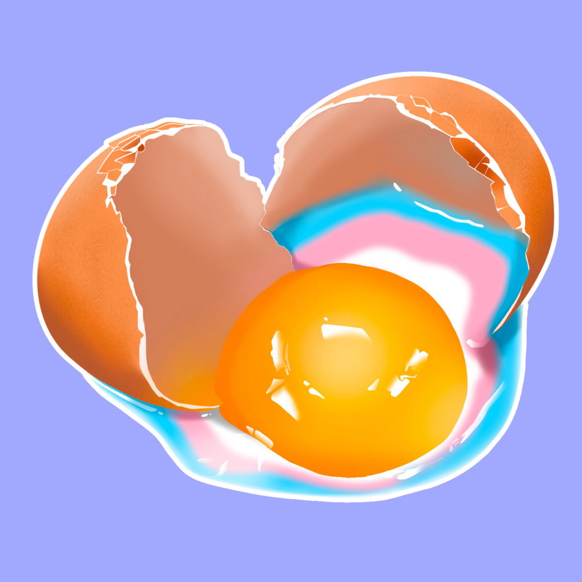 An egg cracked open to reveal egg whites in the colors of the trans flag spilling out.