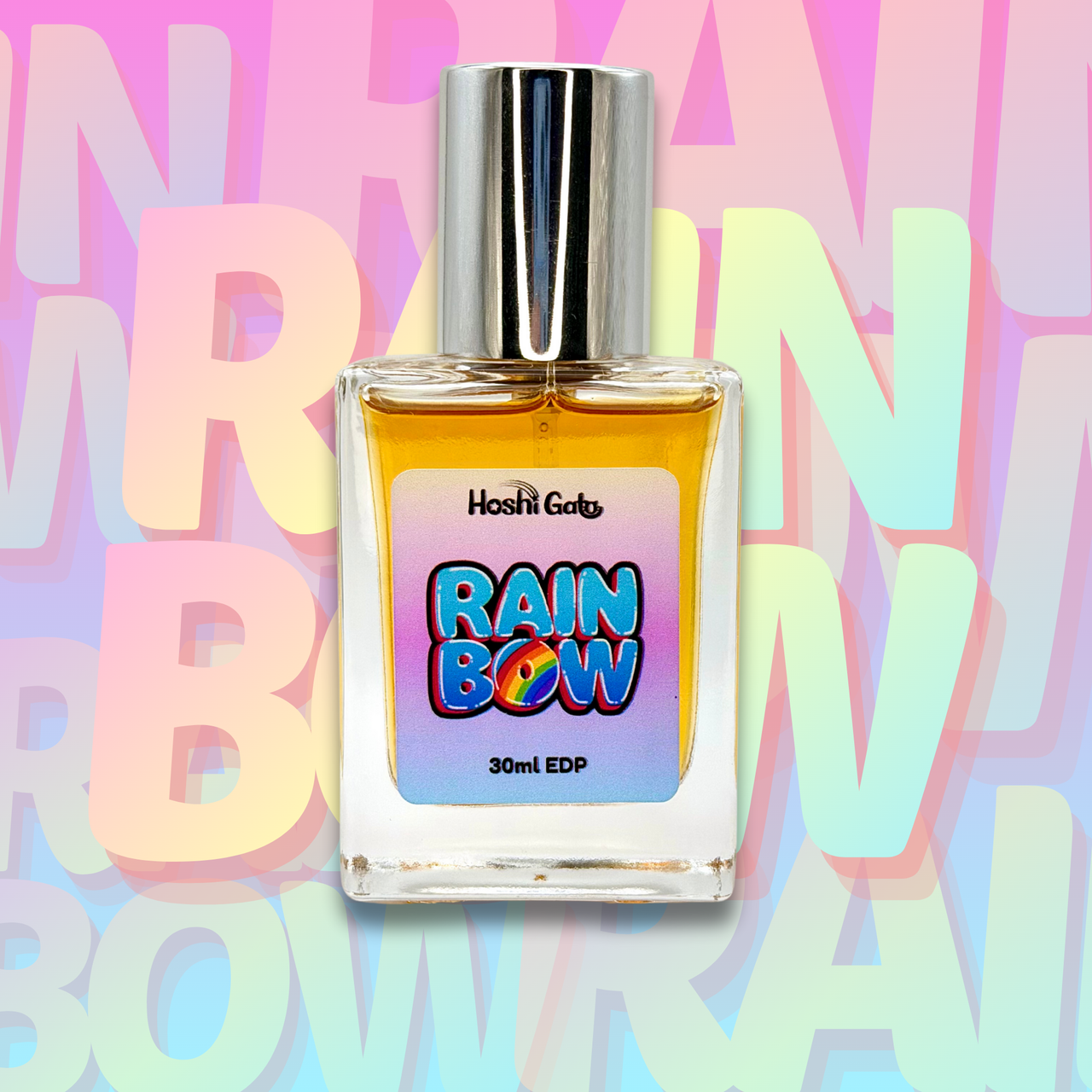 Bottle of Rainbow on a blue gradient background and layered text.