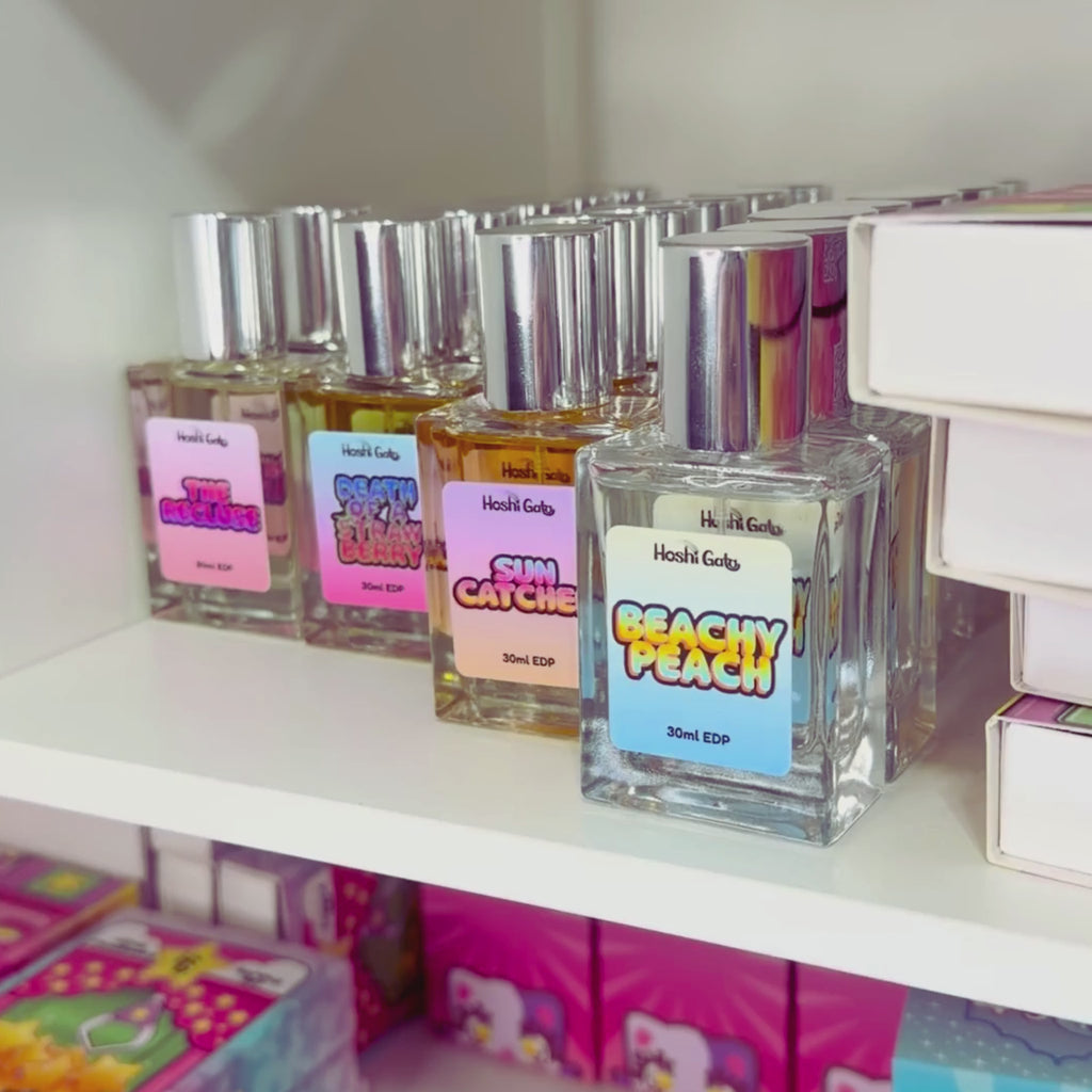 Scrolling video of all Hoshi Gato Perfumes on a Shelf