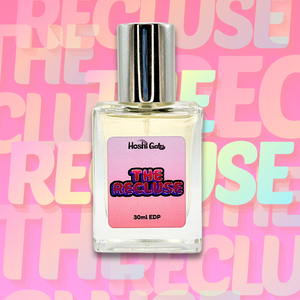 Bottle of The Recluse on a Pink gradient background and layered text.