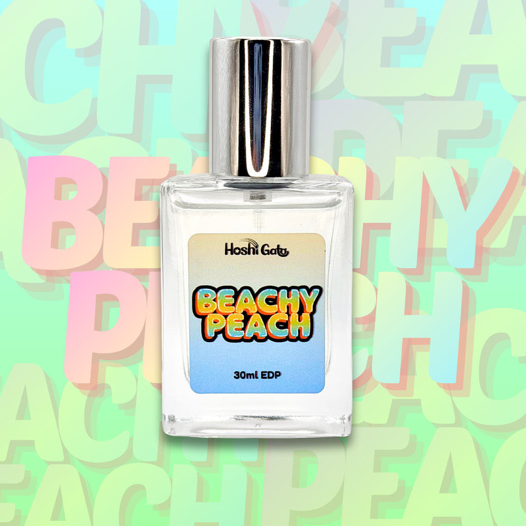Bottle of Beachy Peach on a green gradient background and layered text.